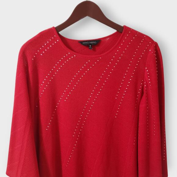 Ming Wang Red Studded Pointelle Knit Poncho One Sleeve Top Medium Elegant Modern - Picture 2 of 14